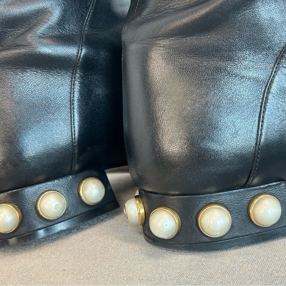 GUCCI ‘Jem’ black leather faux Pearl red blue white velvet stripe riding boot 39 - Picture 9 of 15